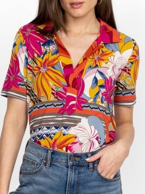 Johnny Was Rachel May Short Sleeve Swing Polo Size S Floral Stretchy Summer